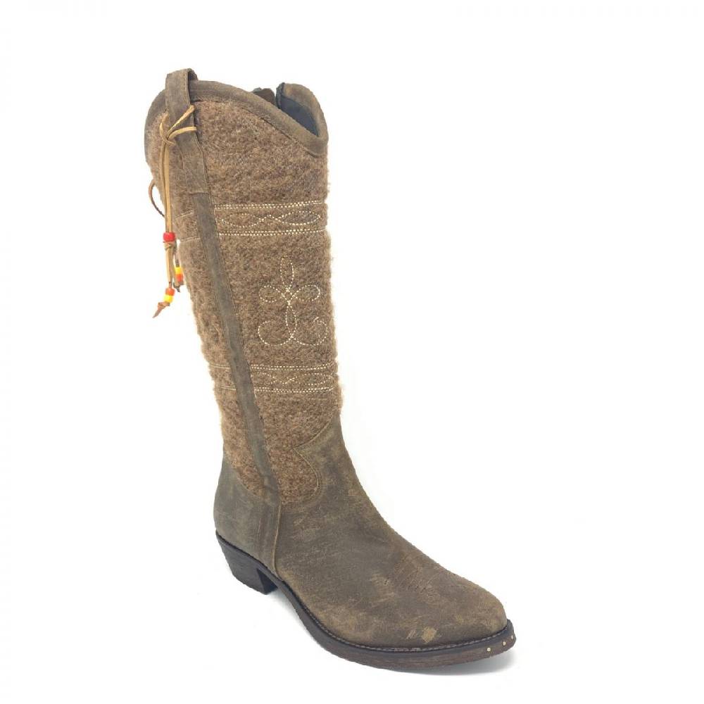 Passion Blanche Texano Flowers Pelle Vintage Cammello + Lana Boucle Suola In Cuoio