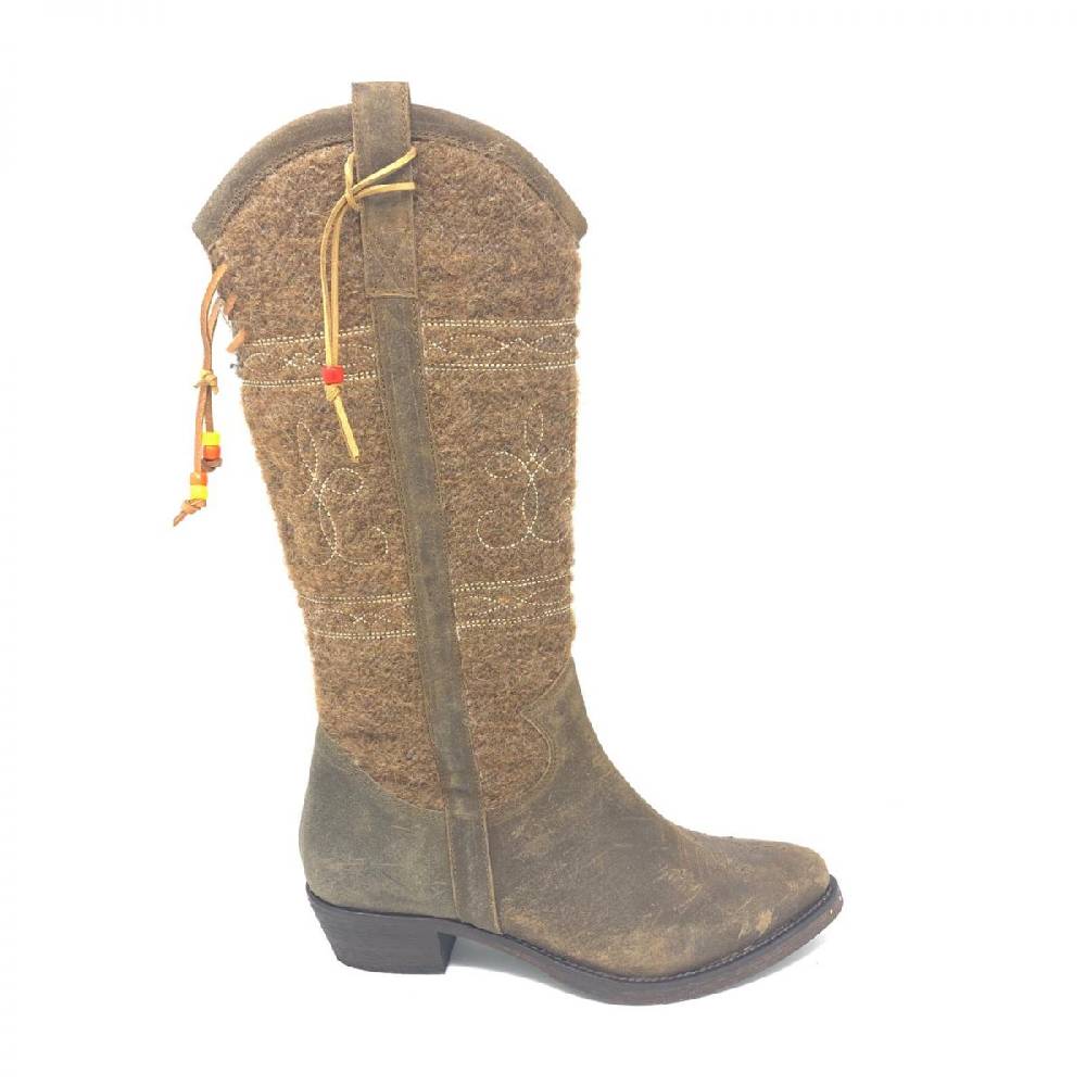 Passion Blanche Texano Flowers pelle vintage Cammello + lana boucle suola in cuoio