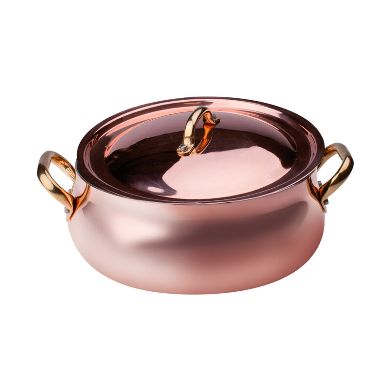Pentole Agnelli Casseruola bassa bombata in rame liscio stagnato a mano 2mm – 2 maniglie e 1 coperchio