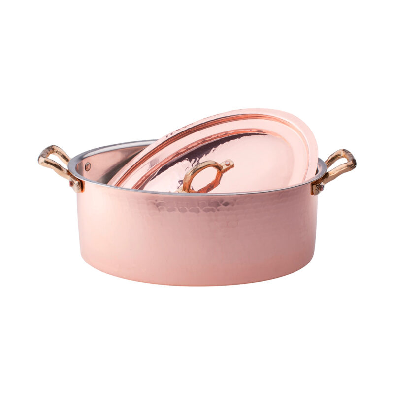 Pentole Agnelli Casseruola ovale in rame martellato stagnato 2mm – 2 maniglie e 1 coperchio
