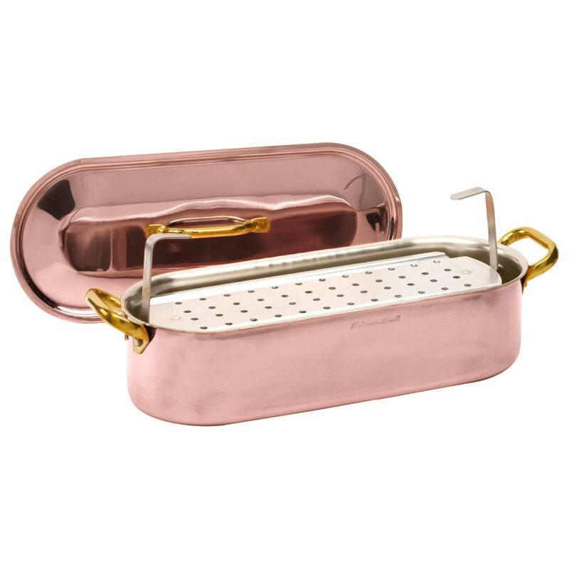 Pentole Agnelli Pesciera in rame liscio stagnato a mano 2mm – 2 maniglie, 1 coperchio e 1 griglia