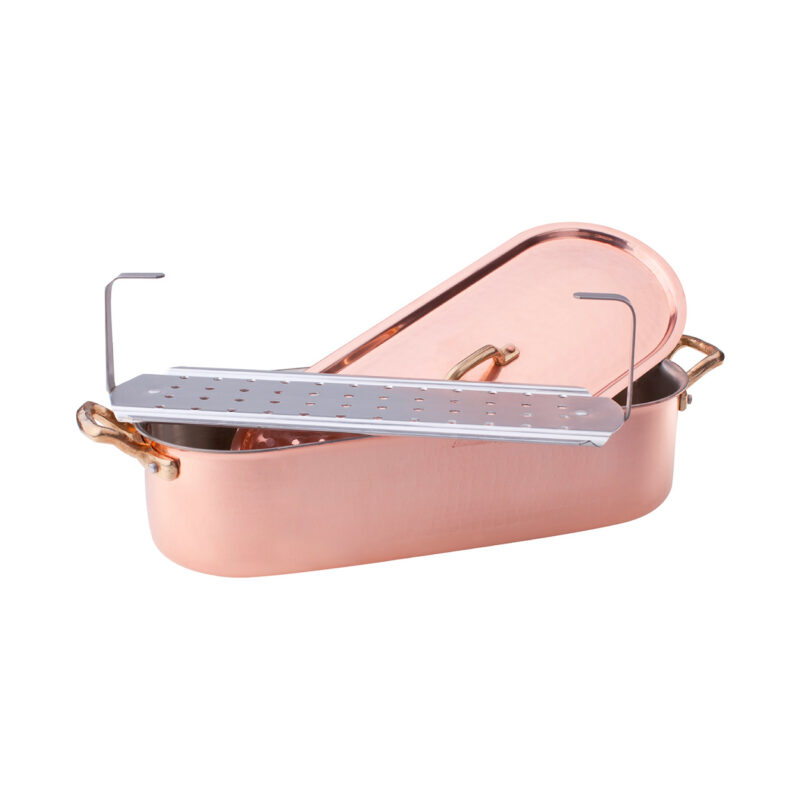 Pentole Agnelli Pesciera in rame martellato stagnato 2mm – 2 maniglie, 1 coperchio e 1 griglia