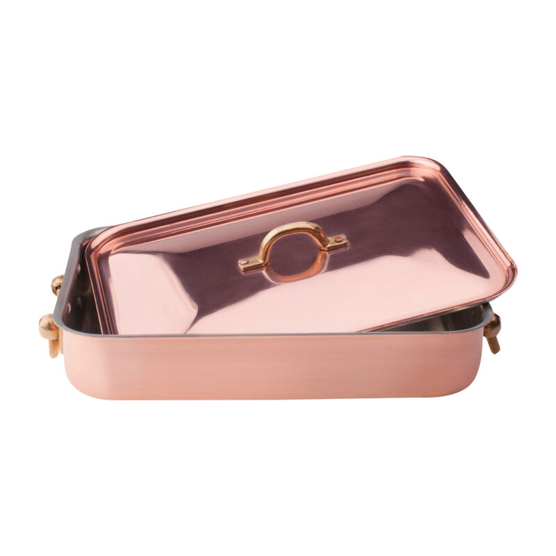 Pentole Agnelli Rostiera con coperchio in rame liscio stagnato a mano 2mm – 2 maniglie