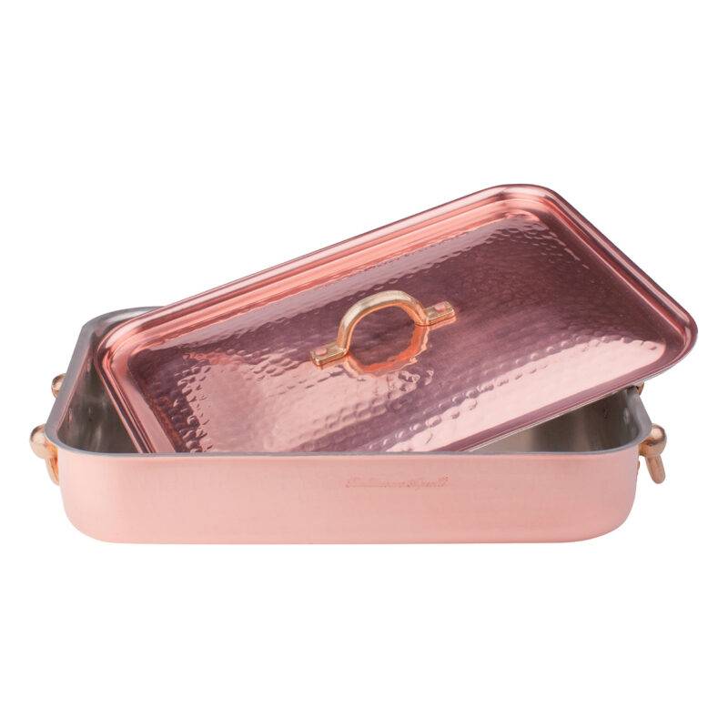 Pentole Agnelli Rostiera in rame martellato stagnato 2mm – 2 maniglie e 1 coperchio