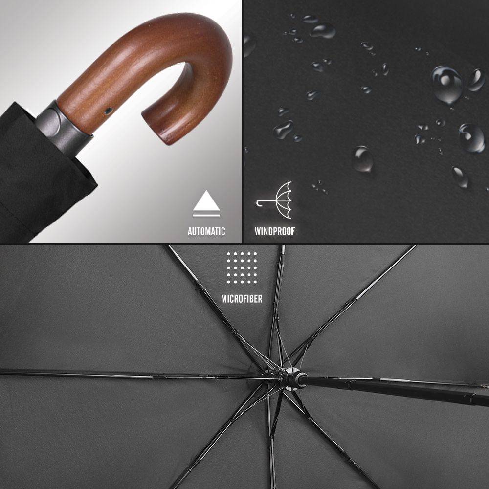 Perletti Ombrello Pieghevole Nero Con Manico In Legno Automatico