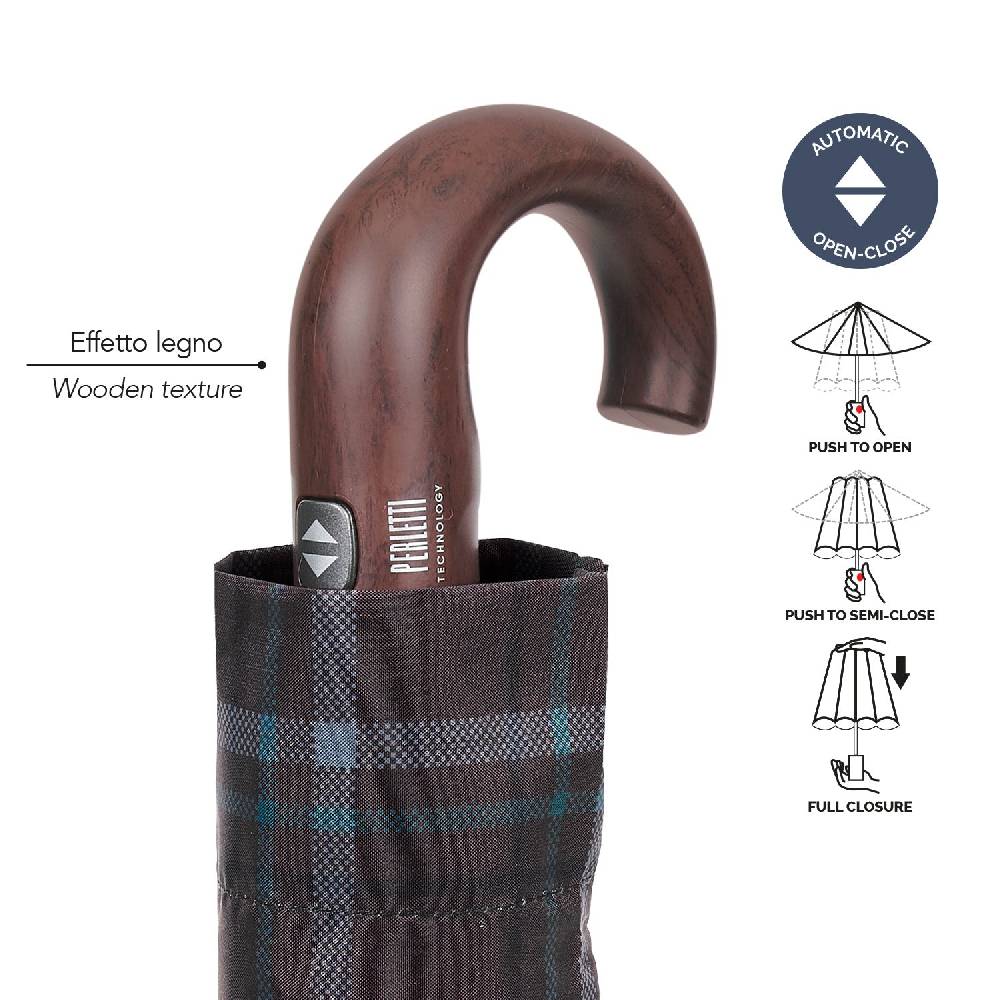 Perletti Ombrello Technology Apri E Chiudi Tartan Con Manico Curvo