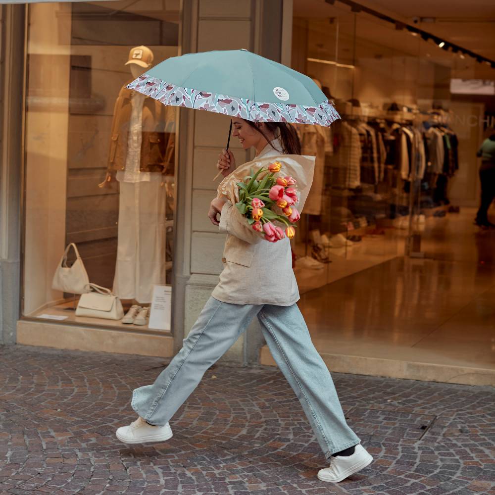 Perletti Ombrello Green Con Bordo Floreale