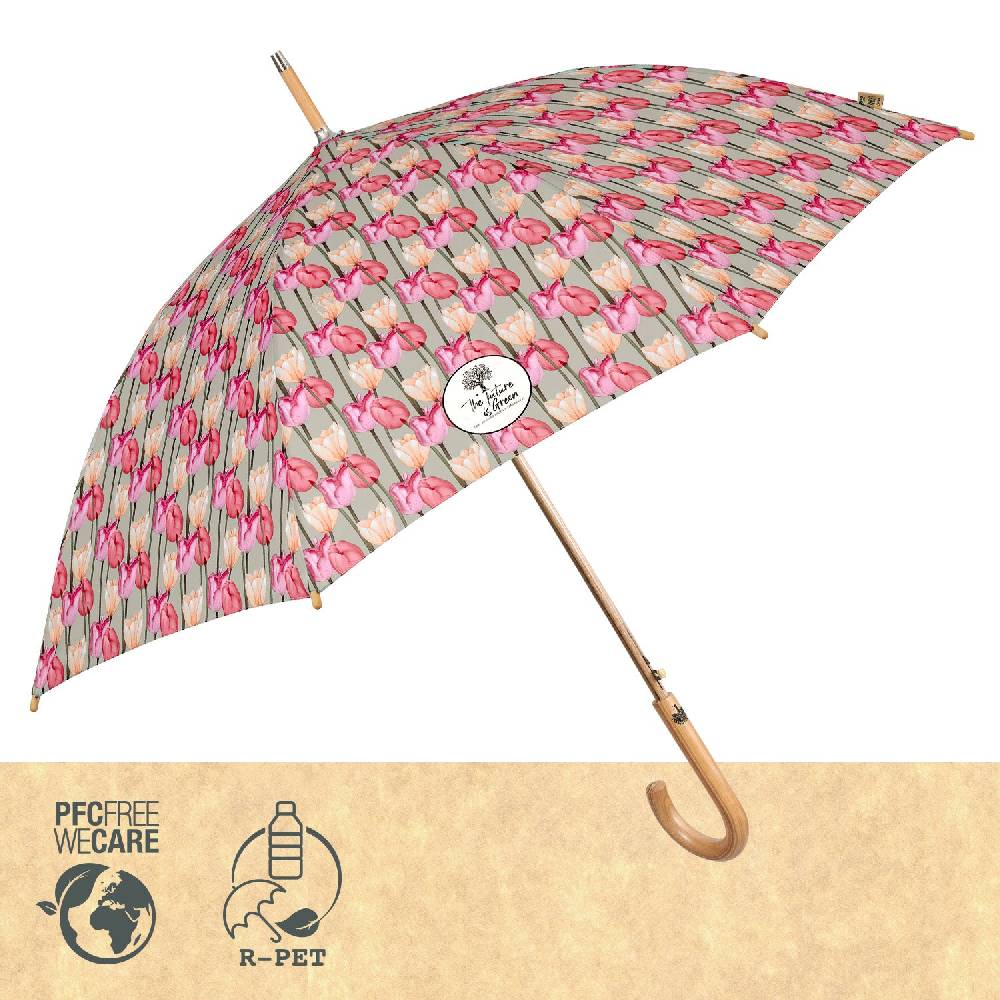 Perletti Ombrello Green Lungo Tulipani Rosa