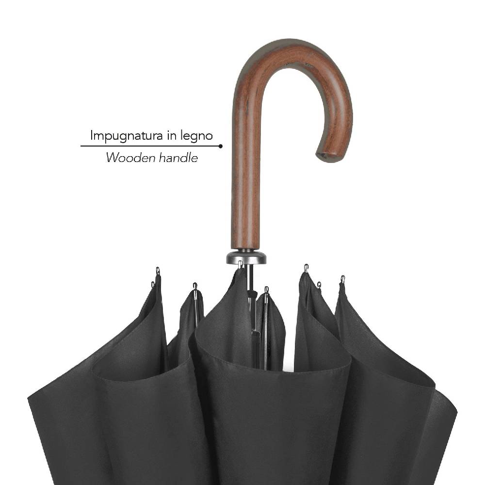 Perletti Ombrello Lungo Nero Con Manico In Legno