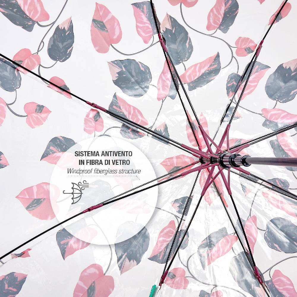 Perletti Ombrello Trasparente Foliage Rosa E Nero