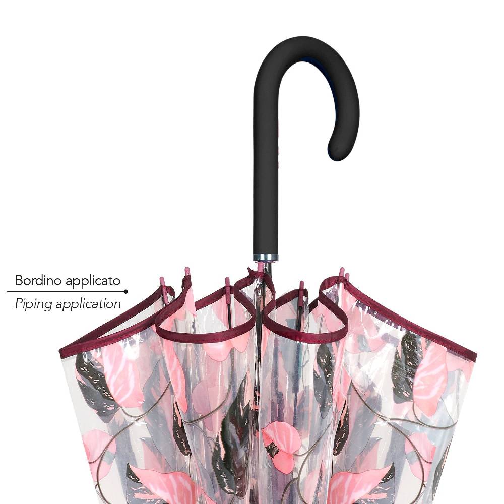 Perletti Ombrello Trasparente Foliage Rosa E Nero