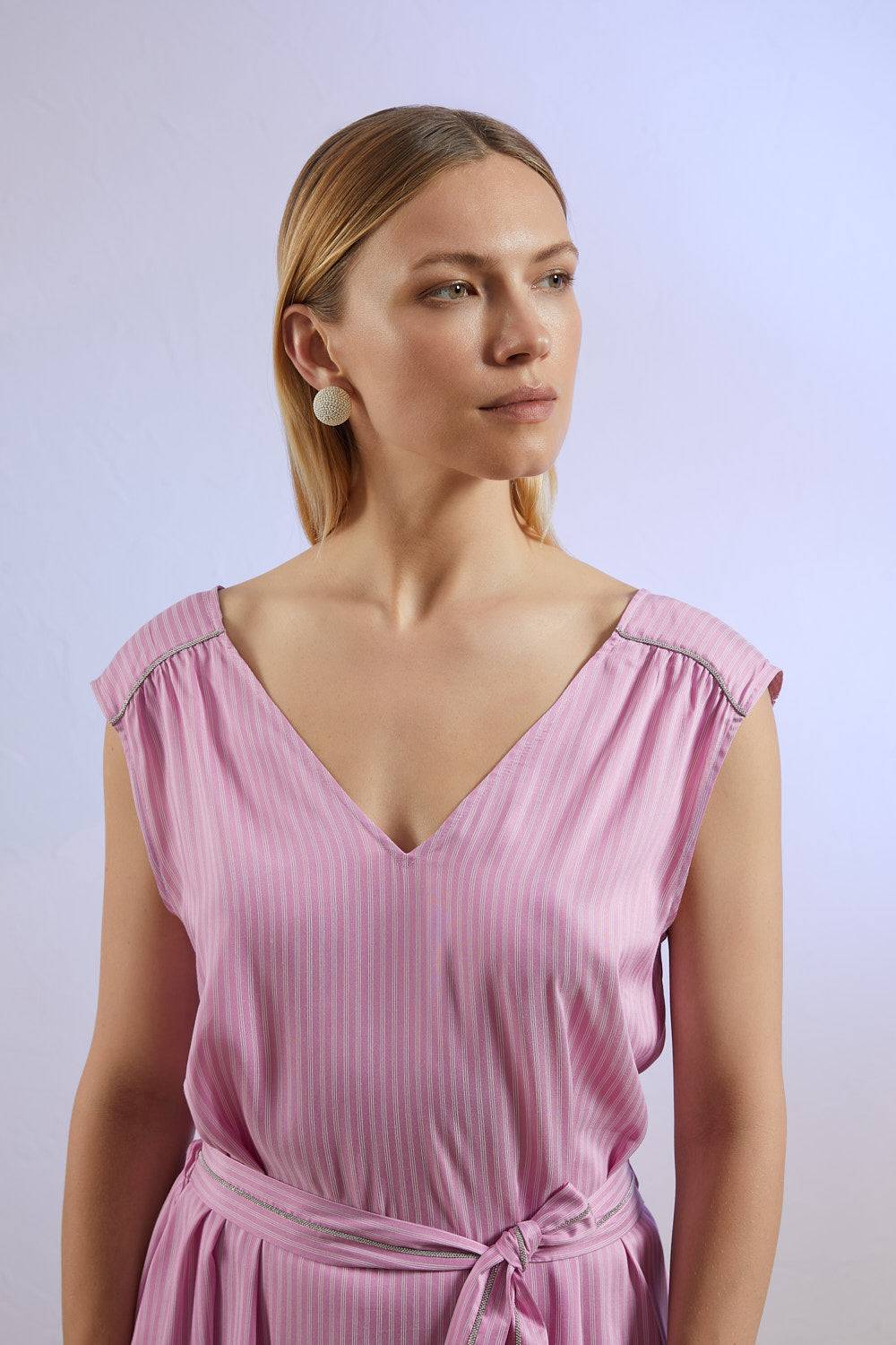 Peserico Abito Lungo Rigato In Voile Di Viscosa E Seta