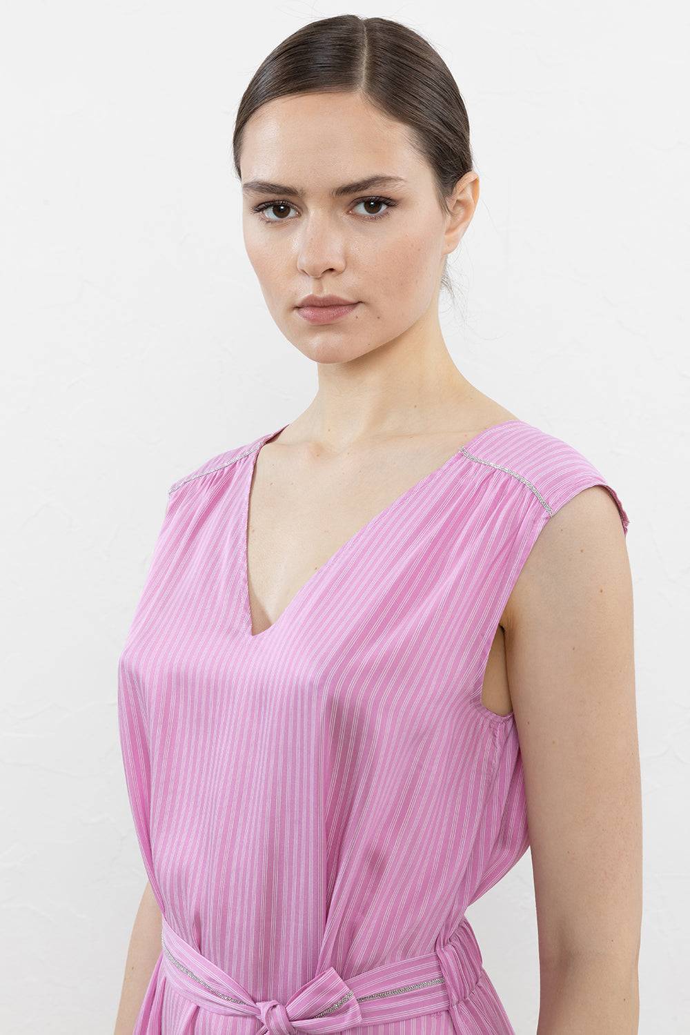 Peserico Abito Lungo Rigato In Voile Di Viscosa E Seta