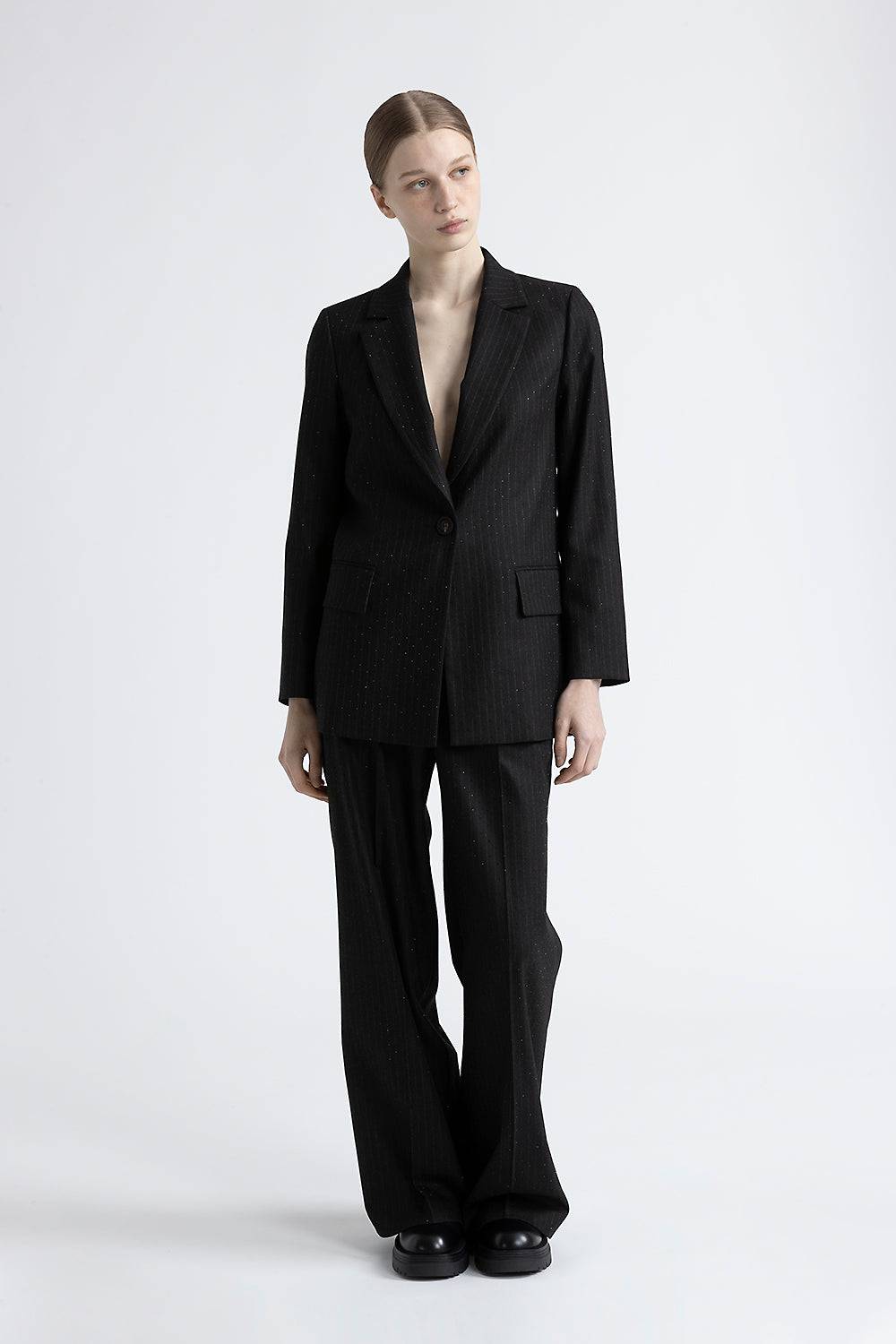 Peserico Blazer Monopetto In Flanella Gessata Di Viscosa Con Strass