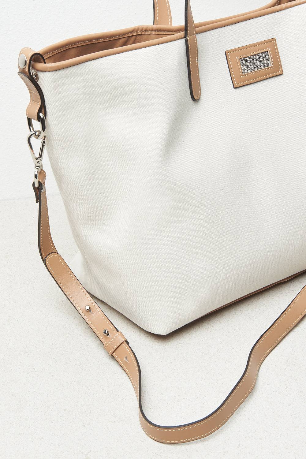 Peserico Borsa Shopping In Tessuto Canvas E Inserti In Pelle