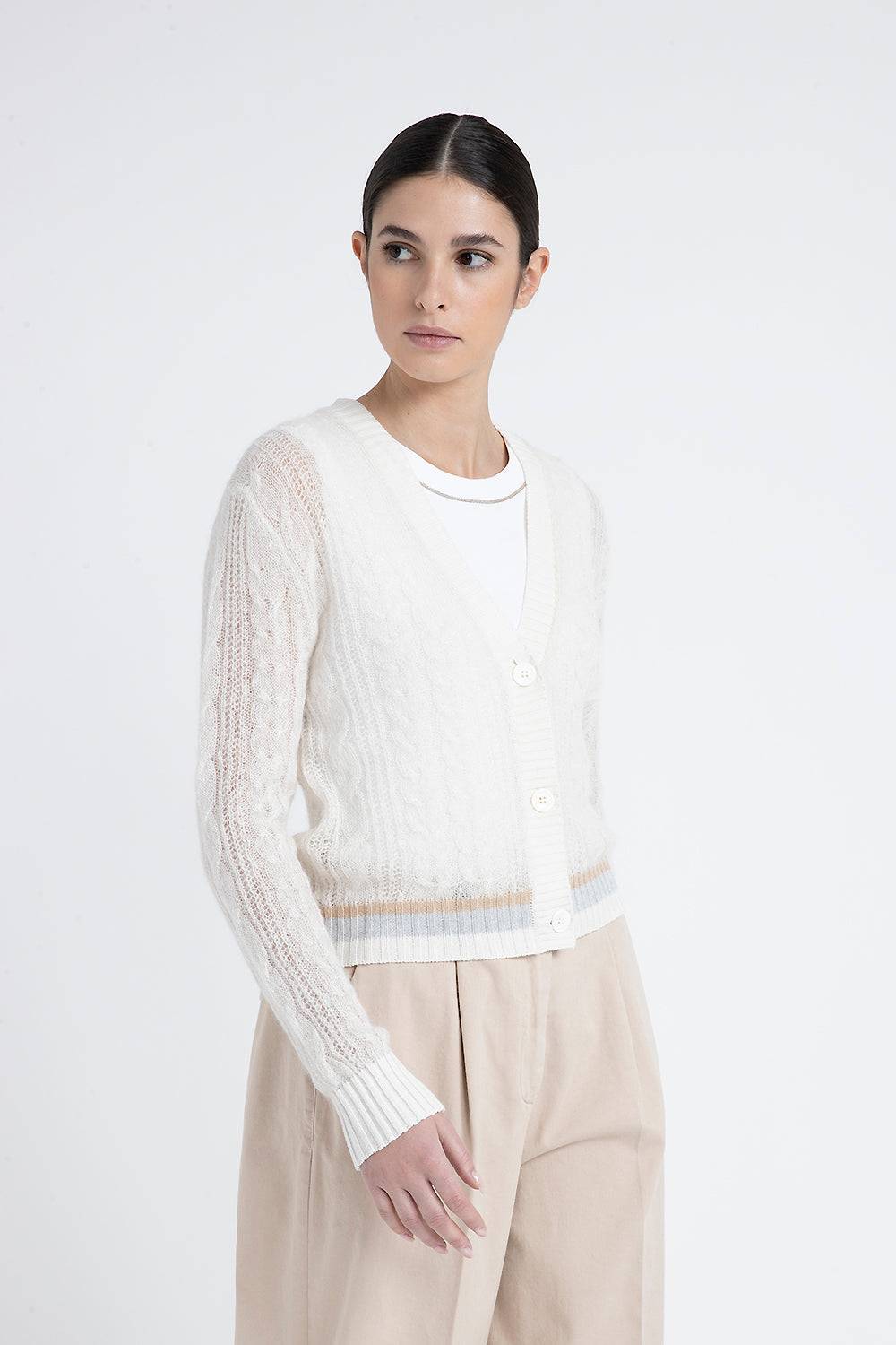 Peserico Cardigan girocollo a trecce in lana merino, alpaca e lurex