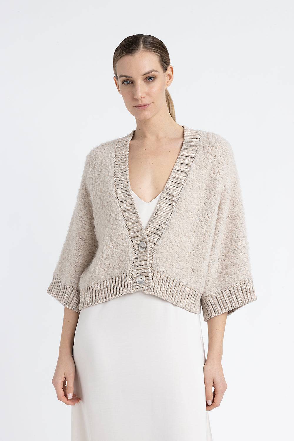 Peserico Cardigan in bouclé di lana d'alpaca, cashmere, seta e lurex
