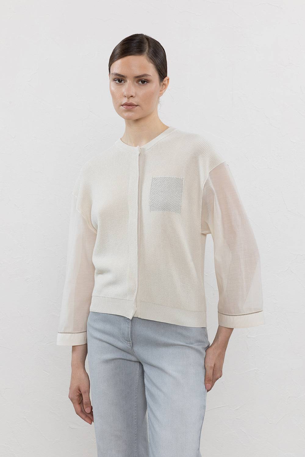 Peserico Cardigan in cotone e maniche in organza con Punto Luce