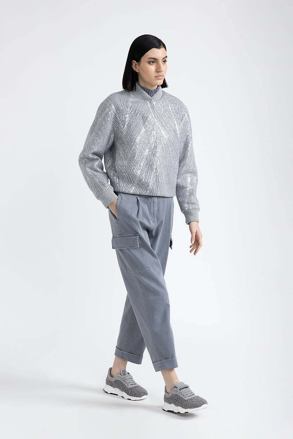 Peserico Giaccone Crop In Panno Garzato Con Ricamo Di Paillettes