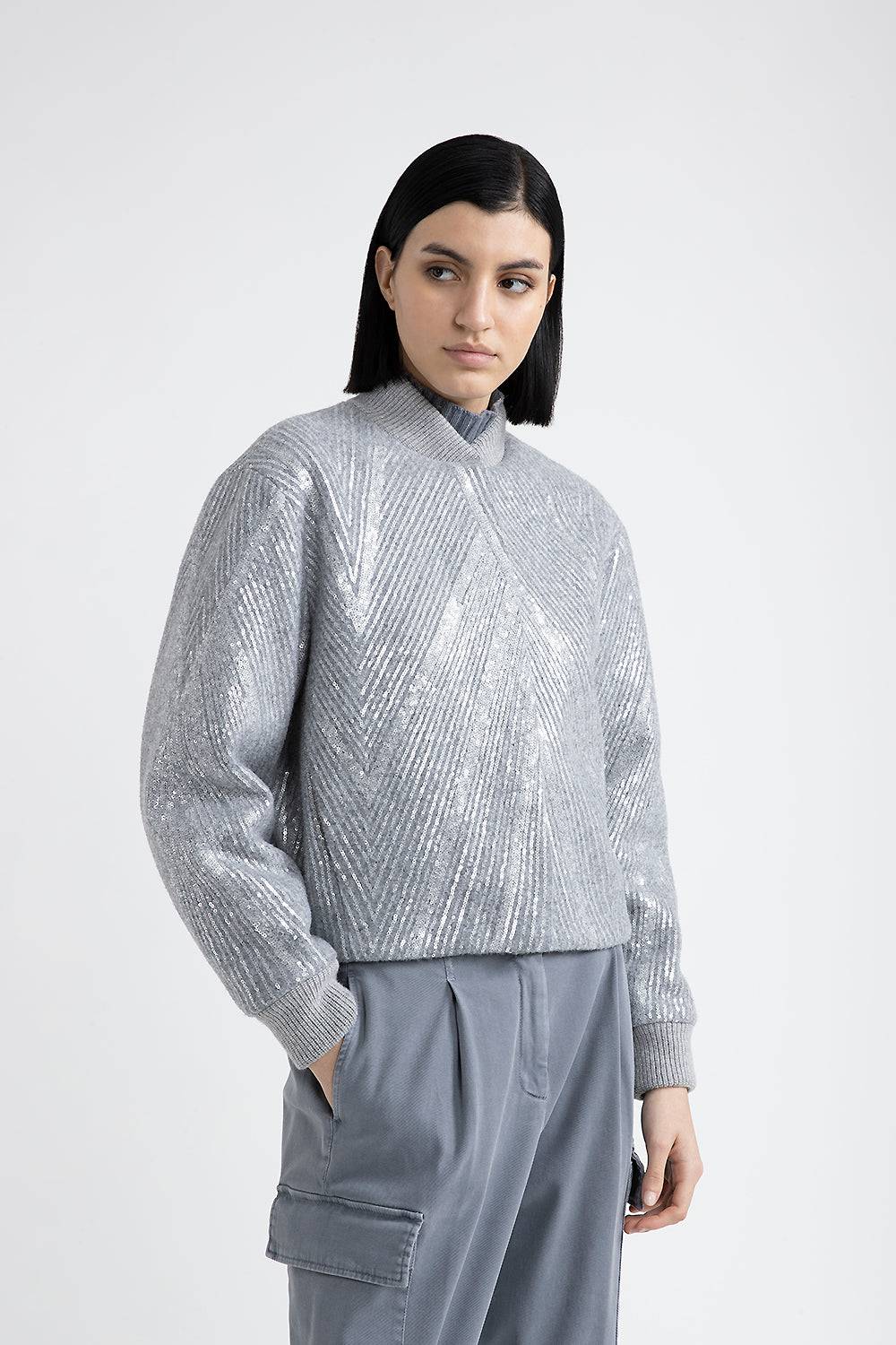 Peserico Giaccone crop in panno garzato con ricamo di paillettes