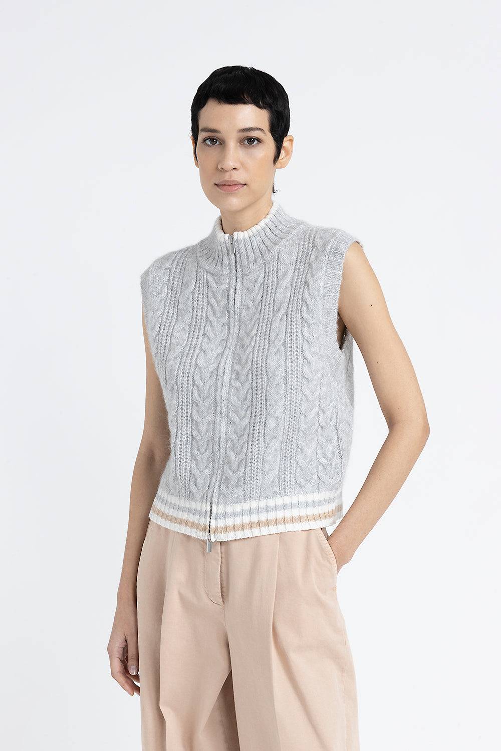 Peserico Gilet con zip a trecce in lana d'alpaca lurex e paillettes