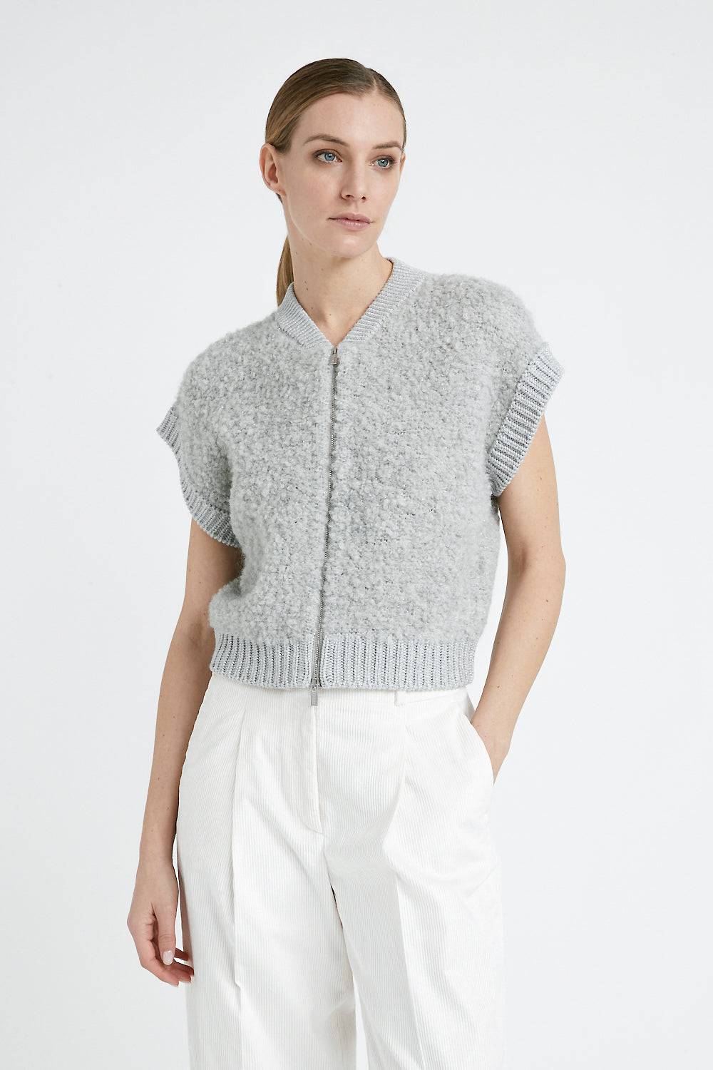 Peserico Gilet con zip in bouclé di lana d'alpaca, cashmere, seta e lurex