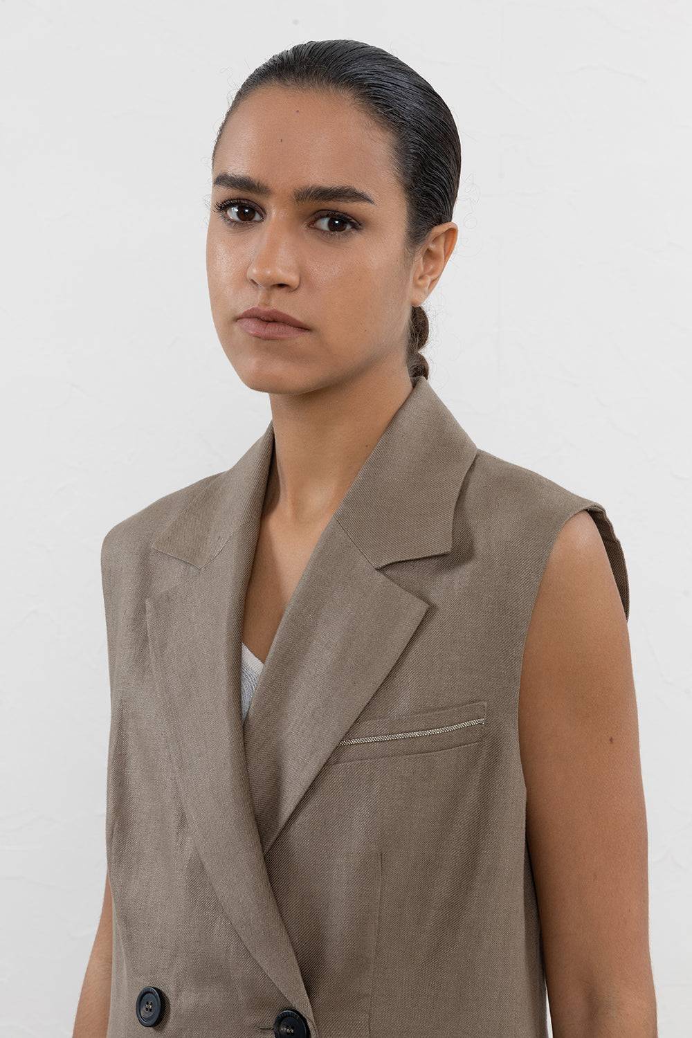 Peserico Gilet Doppiopetto In Gabardina Di Puro Lino