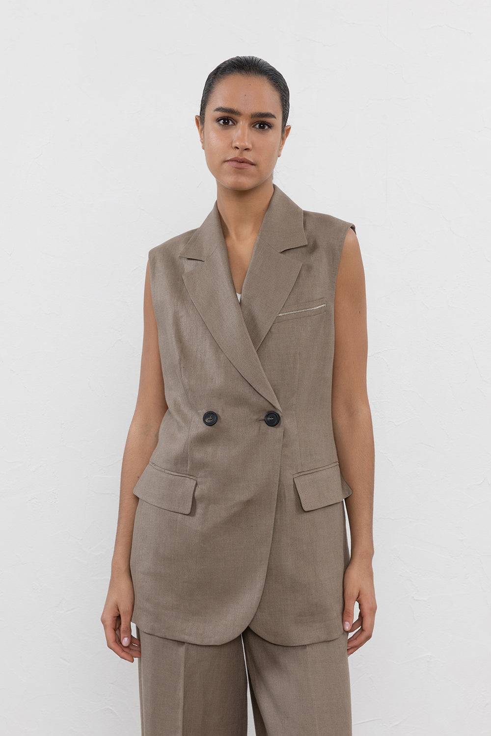 Peserico Gilet doppiopetto in gabardina di puro lino