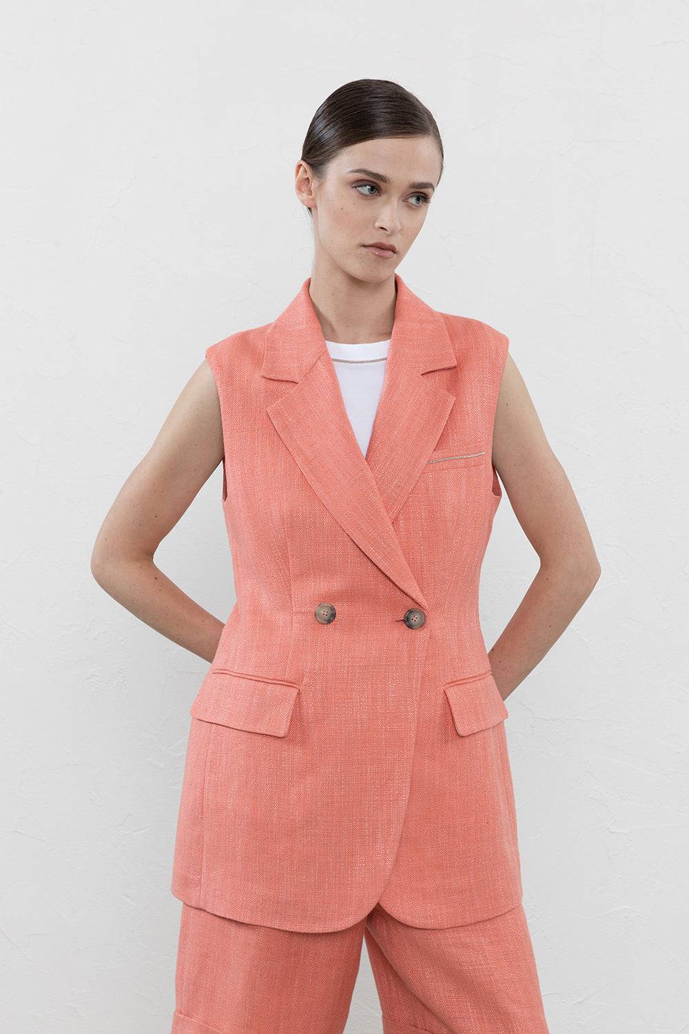 Peserico Gilet doppiopetto in stuoia di lino viscosa