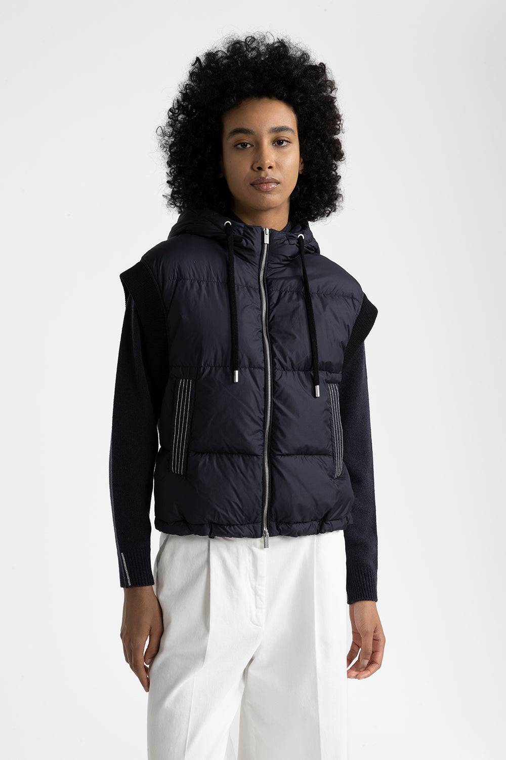 Peserico Gilet in piuma con cappuccio in lana e microfibra