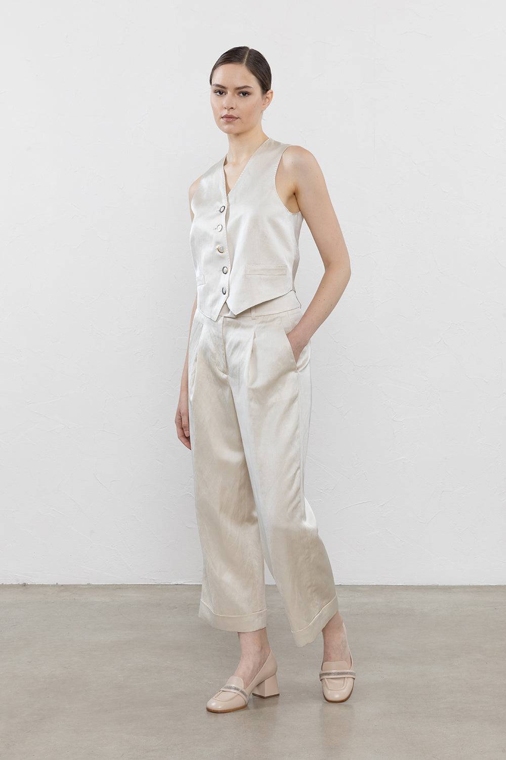 Peserico Gilet Monopetto In Twill Lucido Di Viscosa, Lino E Cotone