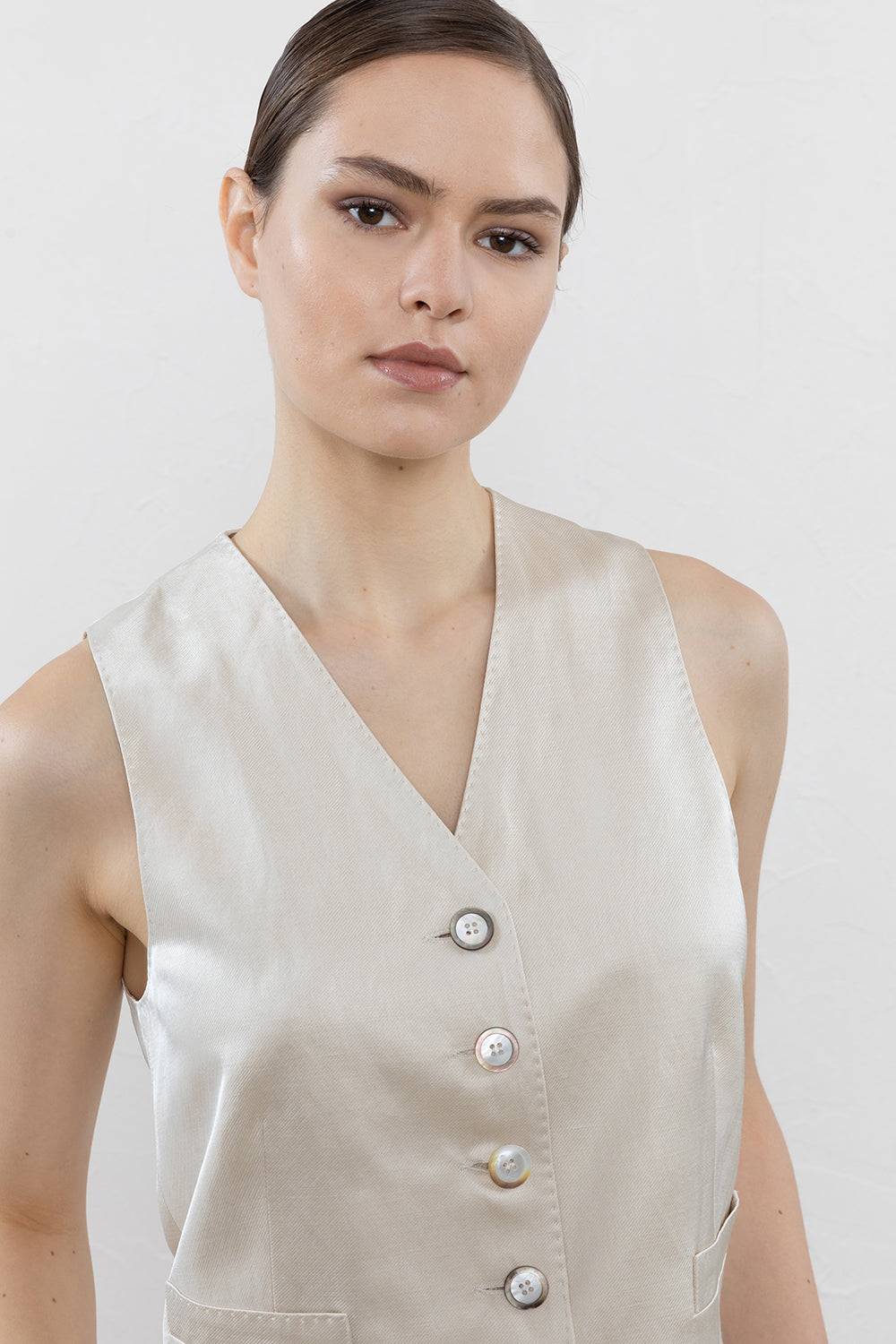 Peserico Gilet Monopetto In Twill Lucido Di Viscosa, Lino E Cotone