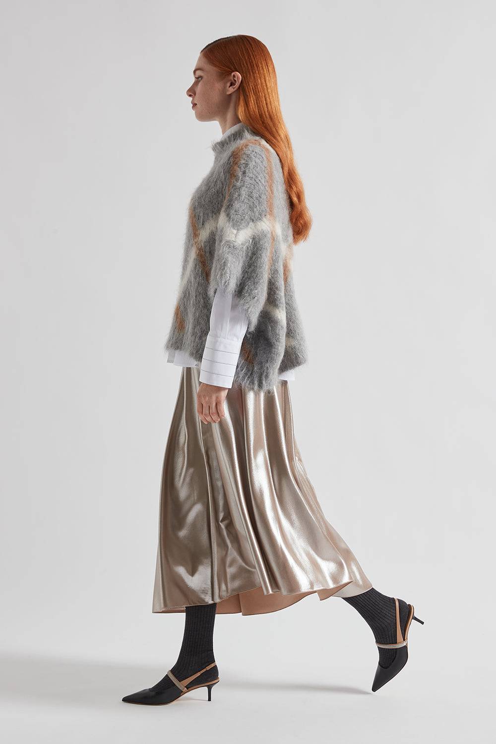 Peserico Gonna Midi Asimmetrica In Twill Laminato Argento