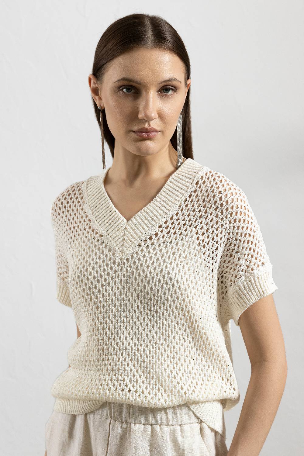 Peserico Maglia a kimono in cordonetto di puro cotone e micropaillettes