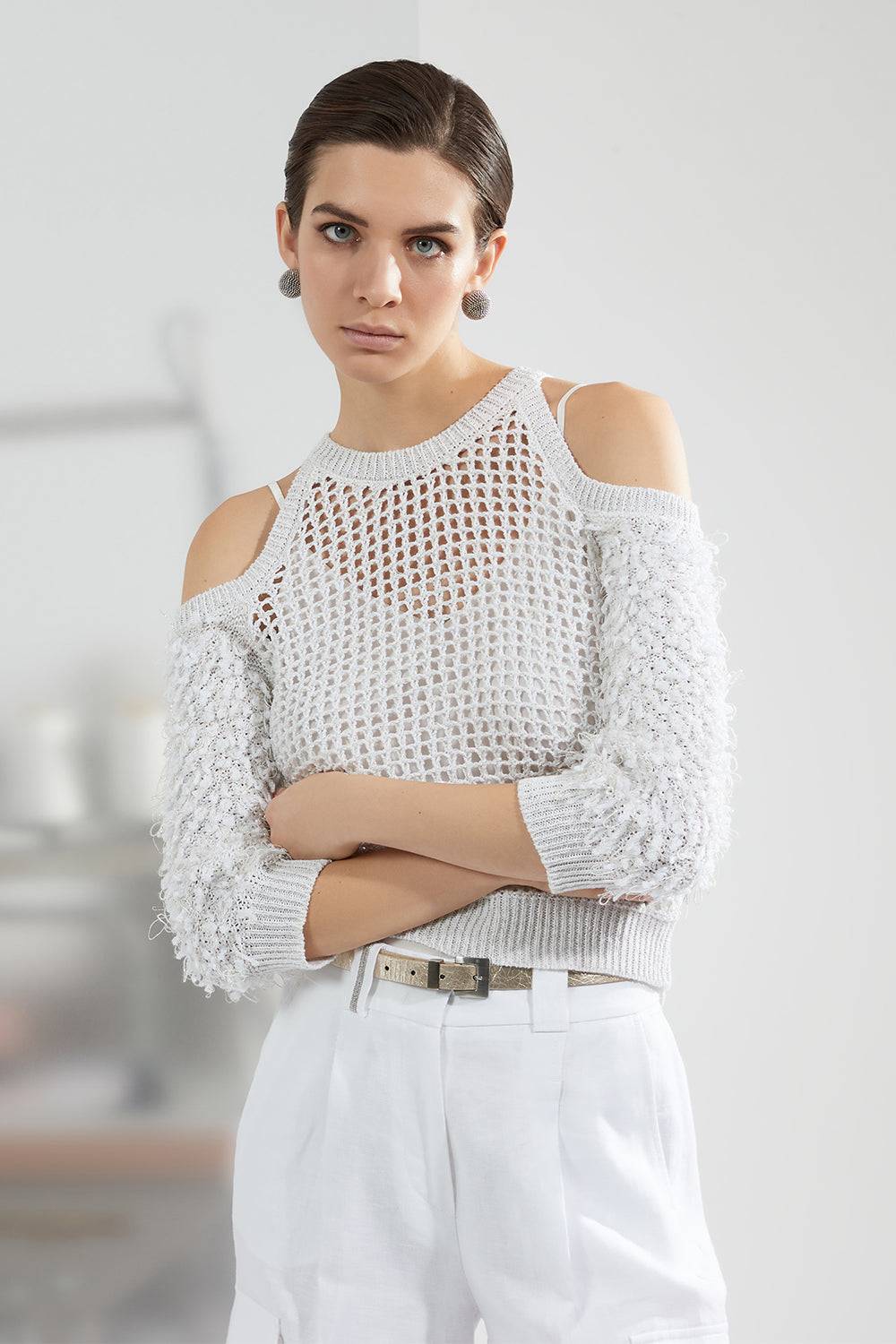 Peserico Maglia A Rete In Filato Fiammato Lino Lurex