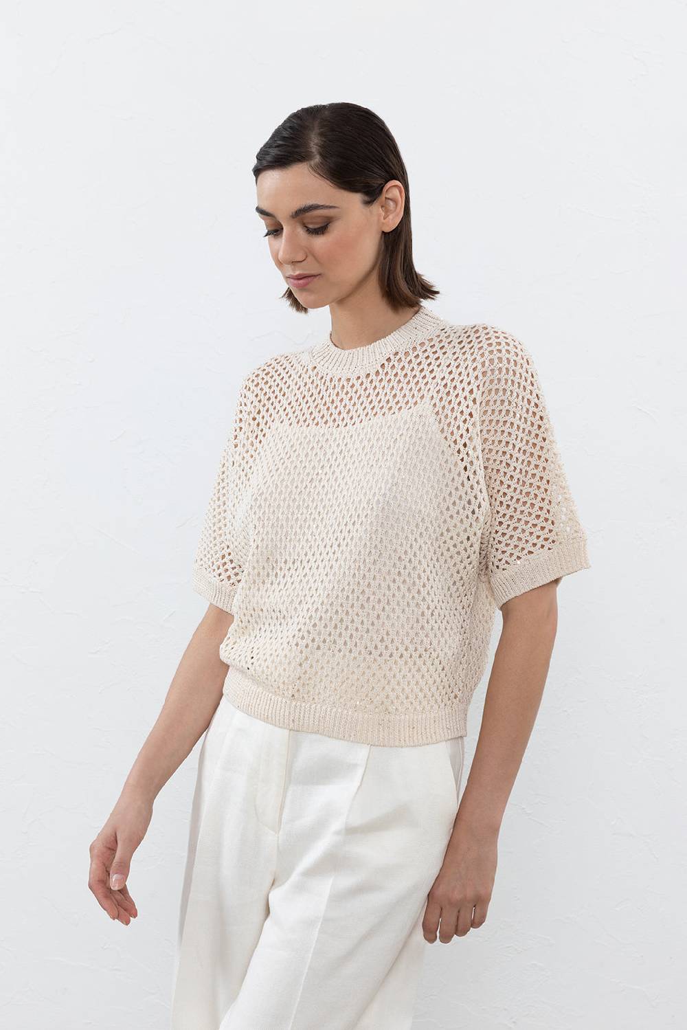 Peserico Maglia a rete in puro cotone e micro paillettes