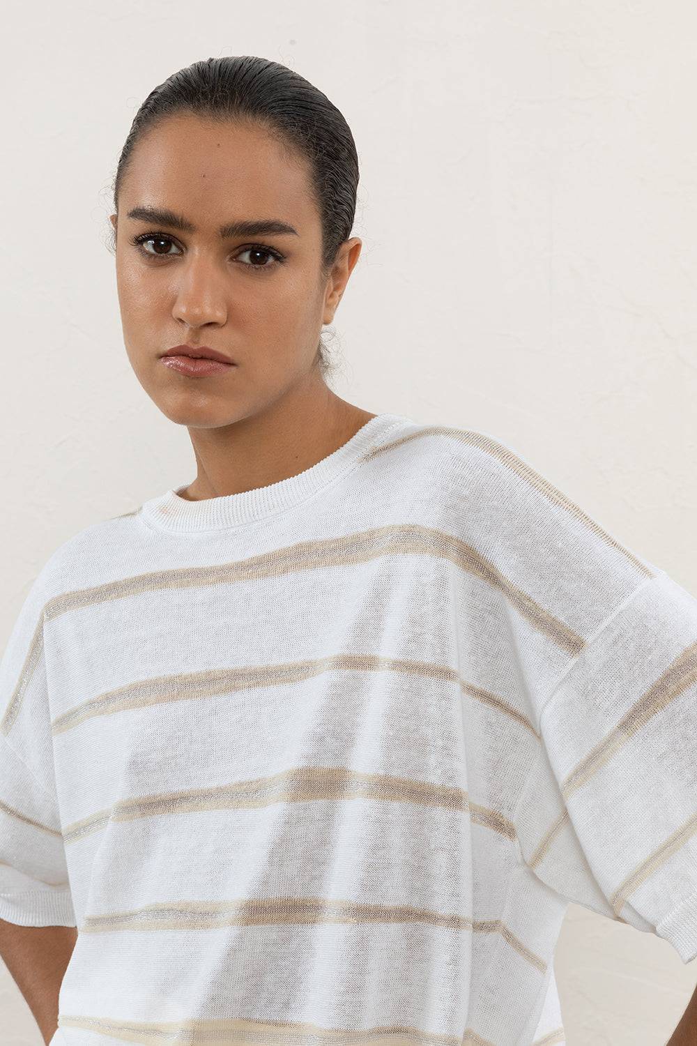 Peserico Maglia a righe in filato di lino e cotone con lurex