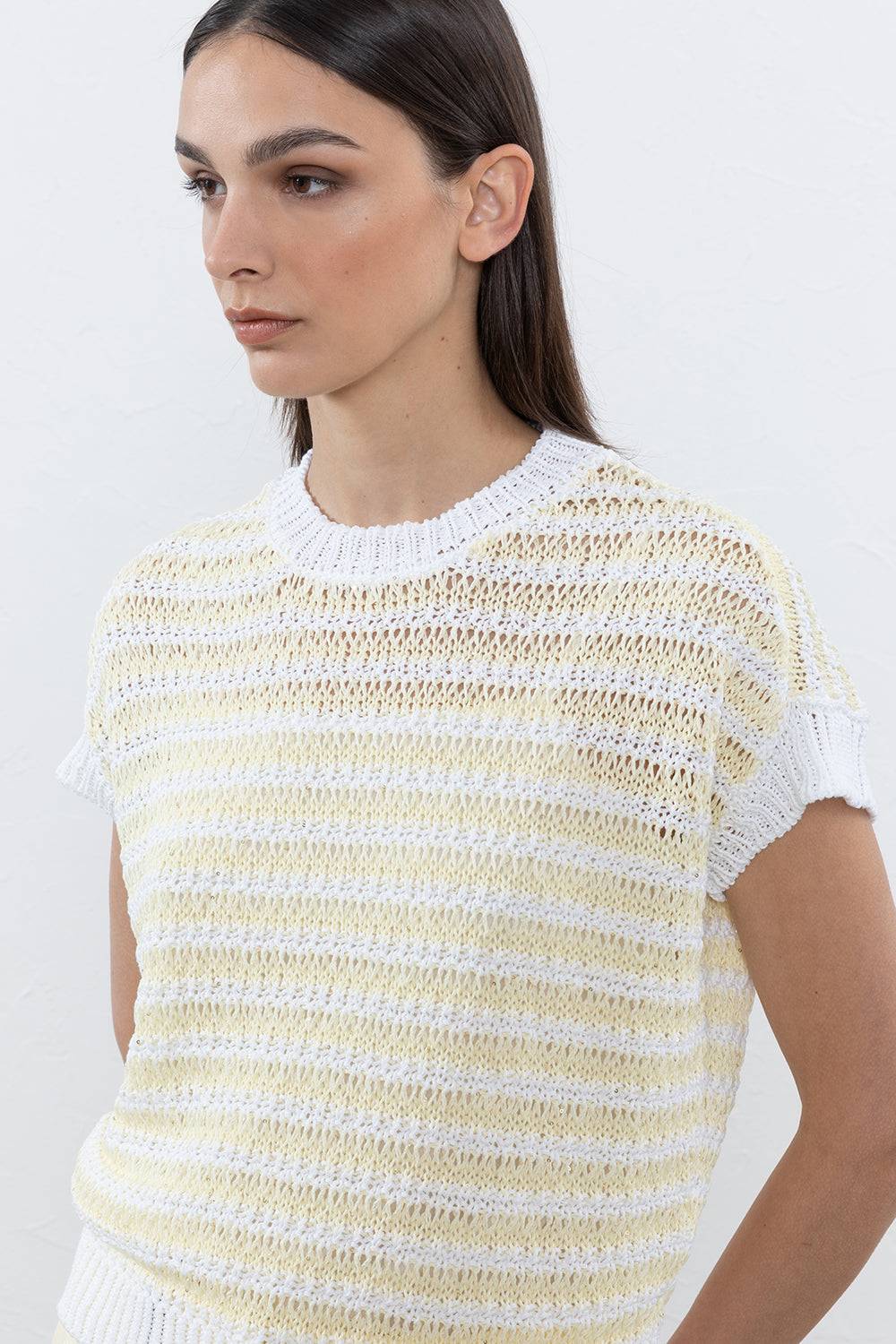 Peserico Maglia A Righe Traforate In Puro Cotone E Micro Paillettes