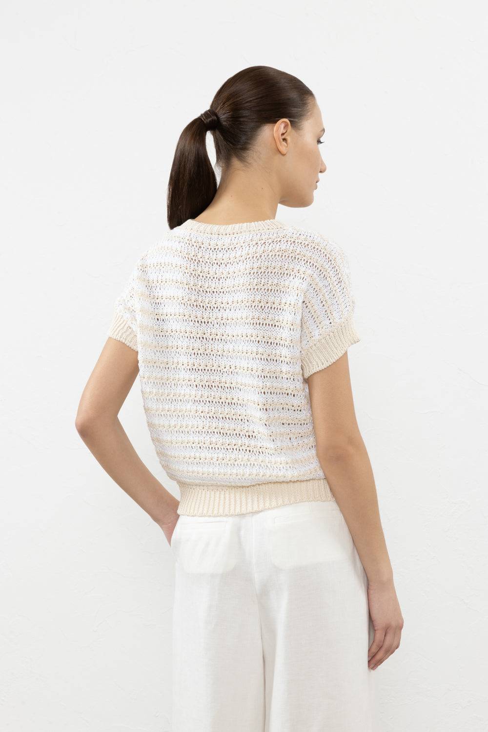 Peserico Maglia A Righe Traforate In Puro Cotone E Micro Paillettes