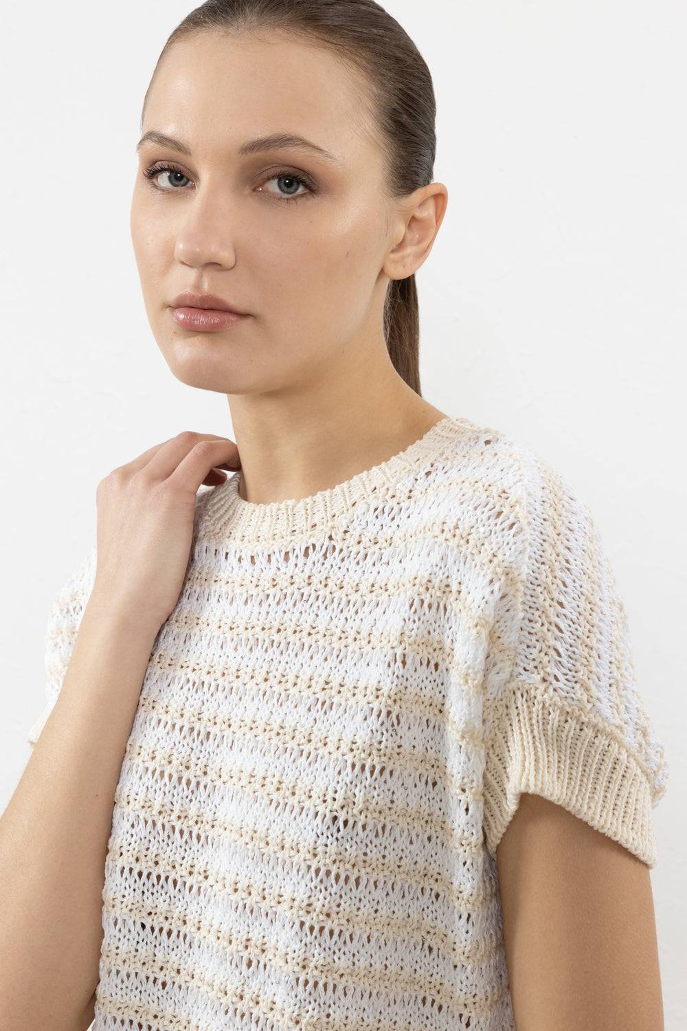 Peserico Maglia A Righe Traforate In Puro Cotone E Micro Paillettes