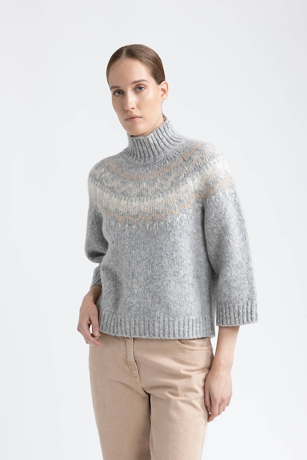 Peserico Maglia collo alto jacquard in alpaca, lana e micropaillettes