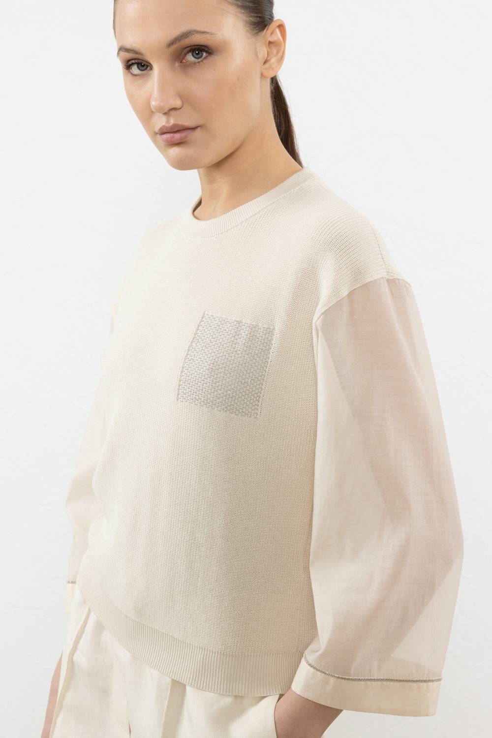 Peserico Maglia In Cotone E Maniche In Organza Con Punto Luce