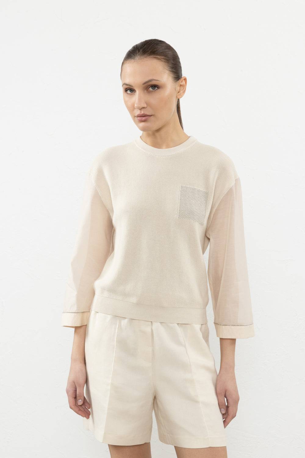 Peserico Maglia in cotone e maniche in organza con Punto Luce