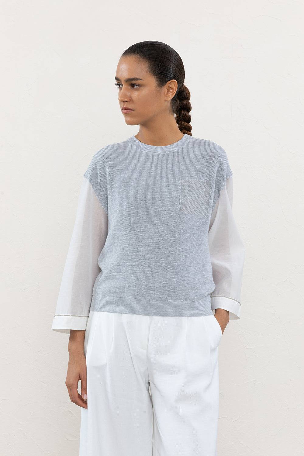 Peserico Maglia in cotone e maniche in organza con Punto Luce