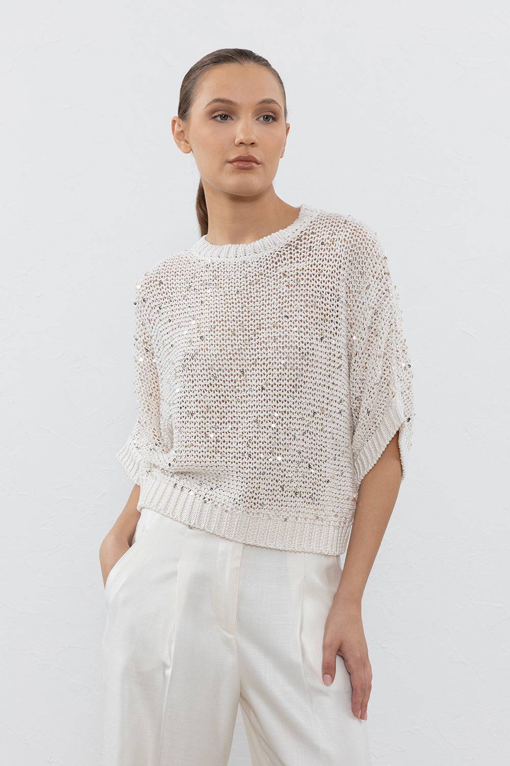 Peserico Maglia In Cotone E Maxi Paillettes Bicolor