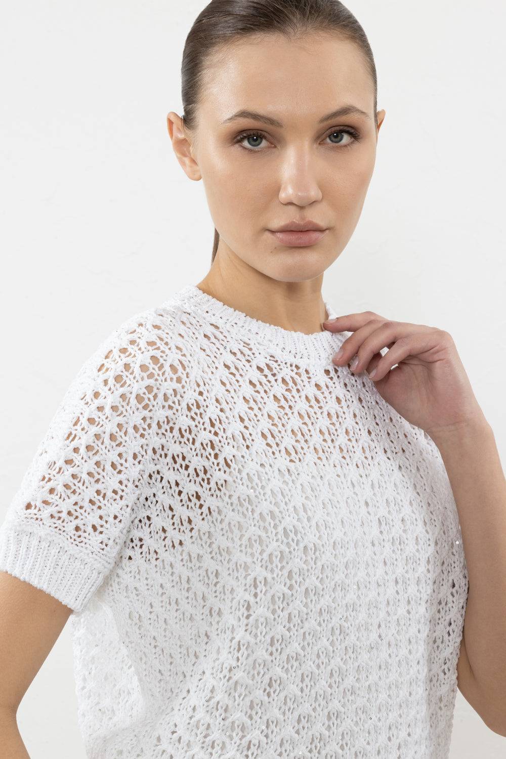 Peserico Maglia In Cotone E Paillettes A Punto Pizzo