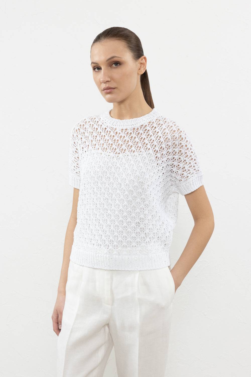 Peserico Maglia in cotone e paillettes a punto pizzo