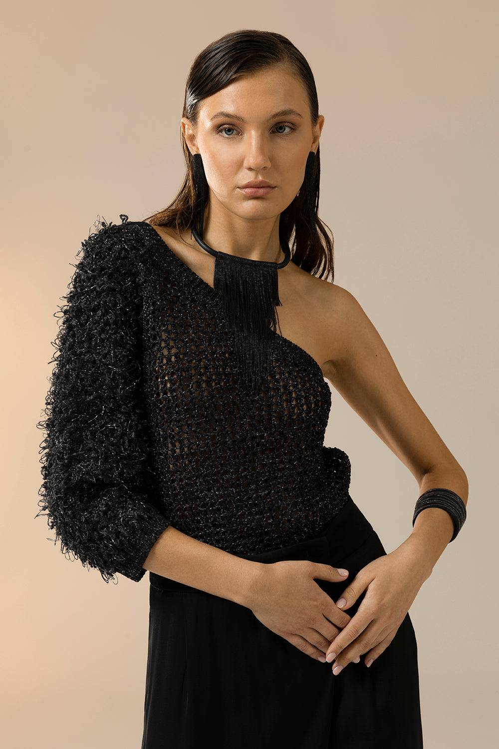 Peserico Maglia Monospalla A Rete In Filato Fiammato Lino Lurex