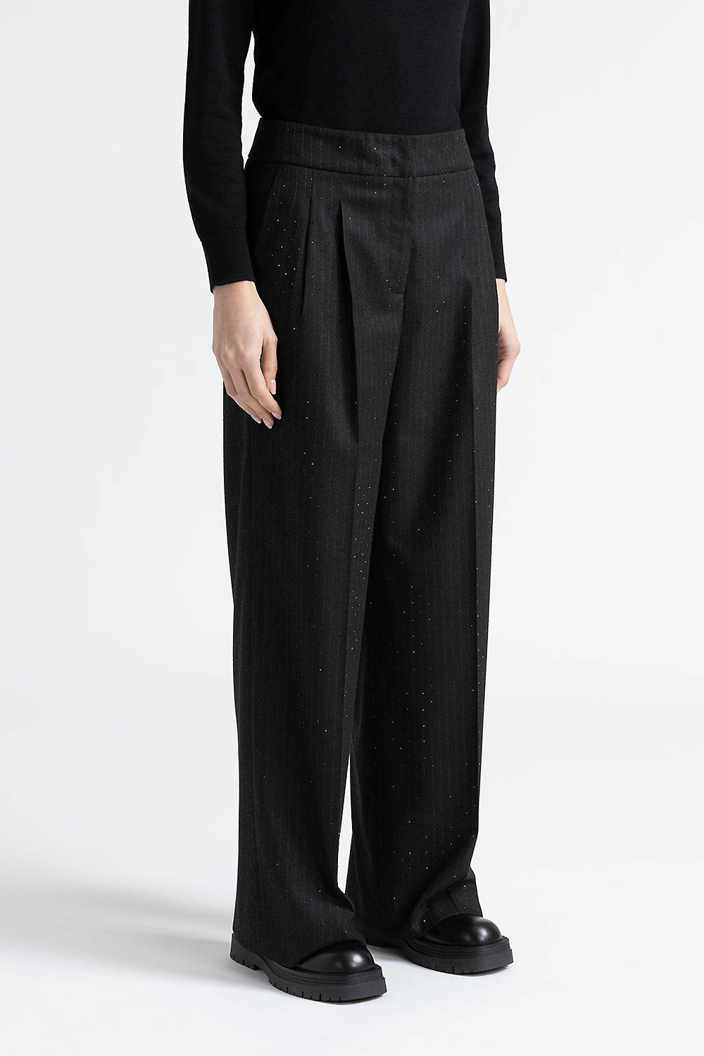 Peserico Pantalone a palazzo in flanella gessata con strass