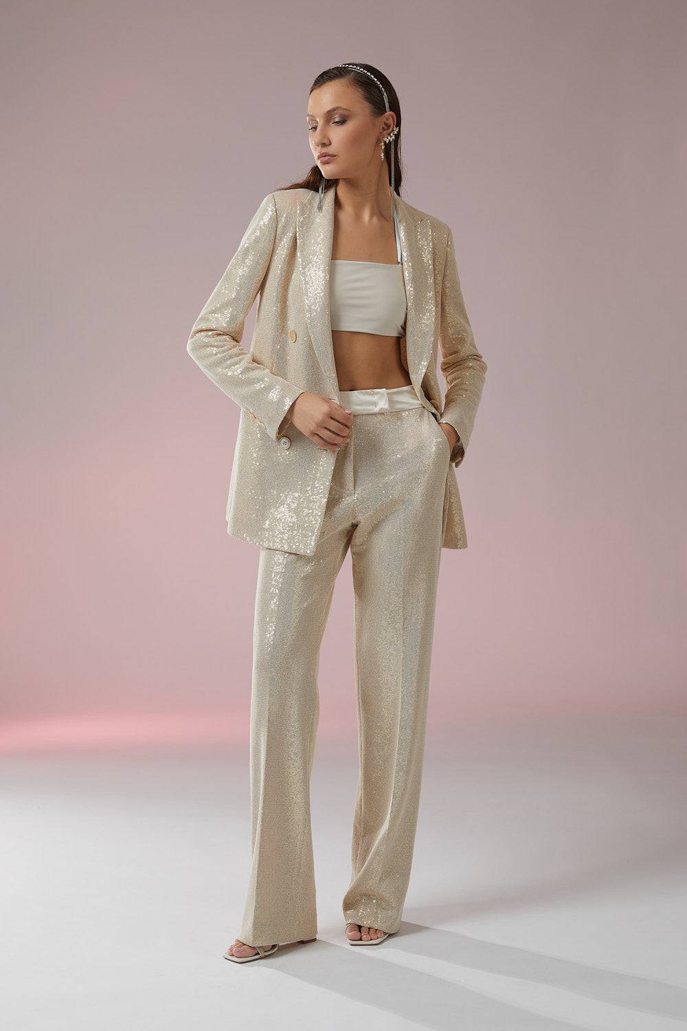 Peserico Pantalone A Palazzo In Paillettes Ingabbiate In Tulle